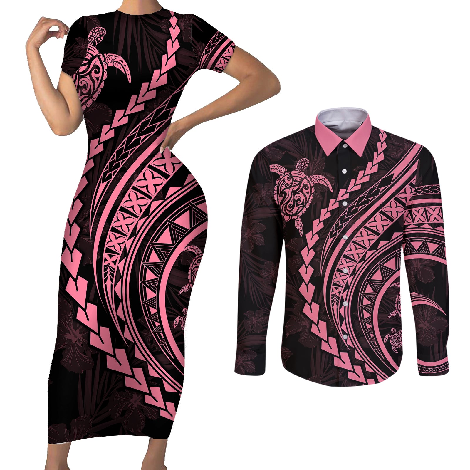 Polynesian Pride Couples Matching Short Sleeve Bodycon Dress and Long Sleeve Button Shirts Turtle Hibiscus Luxury Style - Carnation Pink LT7 Carnation Pink - Polynesian Pride