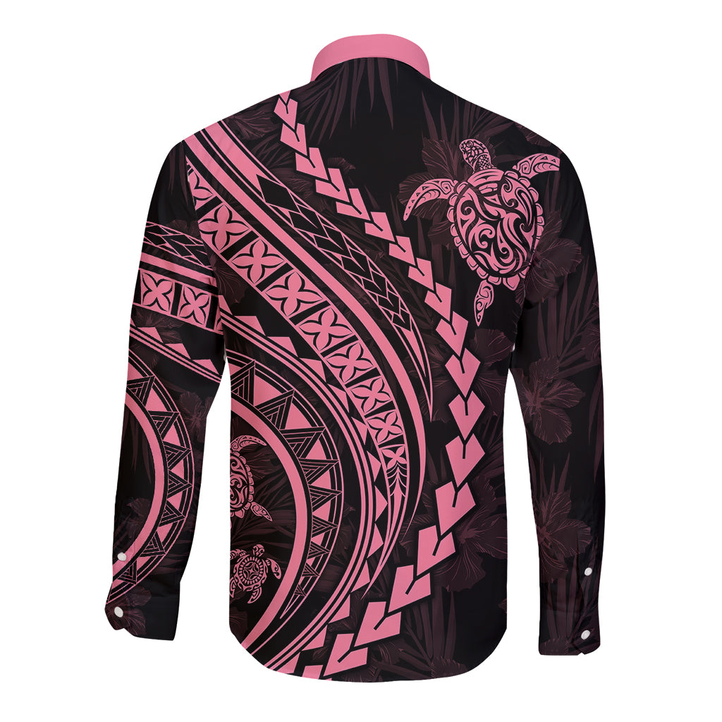 Polynesian Pride Long Sleeve Button Shirt Turtle Hibiscus Luxury Style - Carnation Pink LT7 - Polynesian Pride