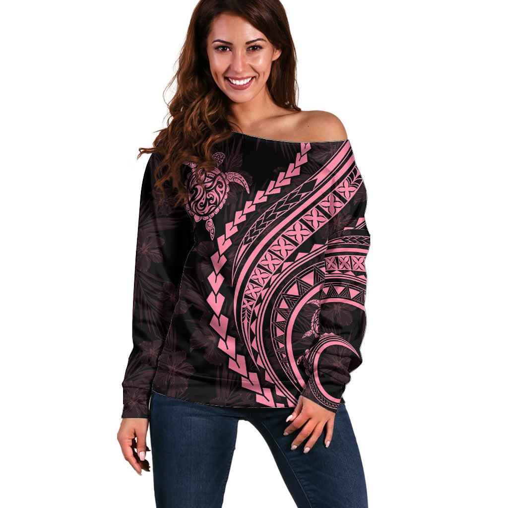 Polynesian Pride Off Shoulder Sweater Turtle Hibiscus Luxury Style - Carnation Pink LT7 Women Carnation Pink - Polynesian Pride