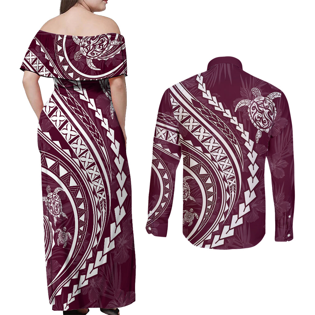 Polynesian Pride Couples Matching Off Shoulder Maxi Dress and Long Sleeve Button Shirts Turtle Hibiscus Luxury Style - Champagne LT7 - Polynesian Pride