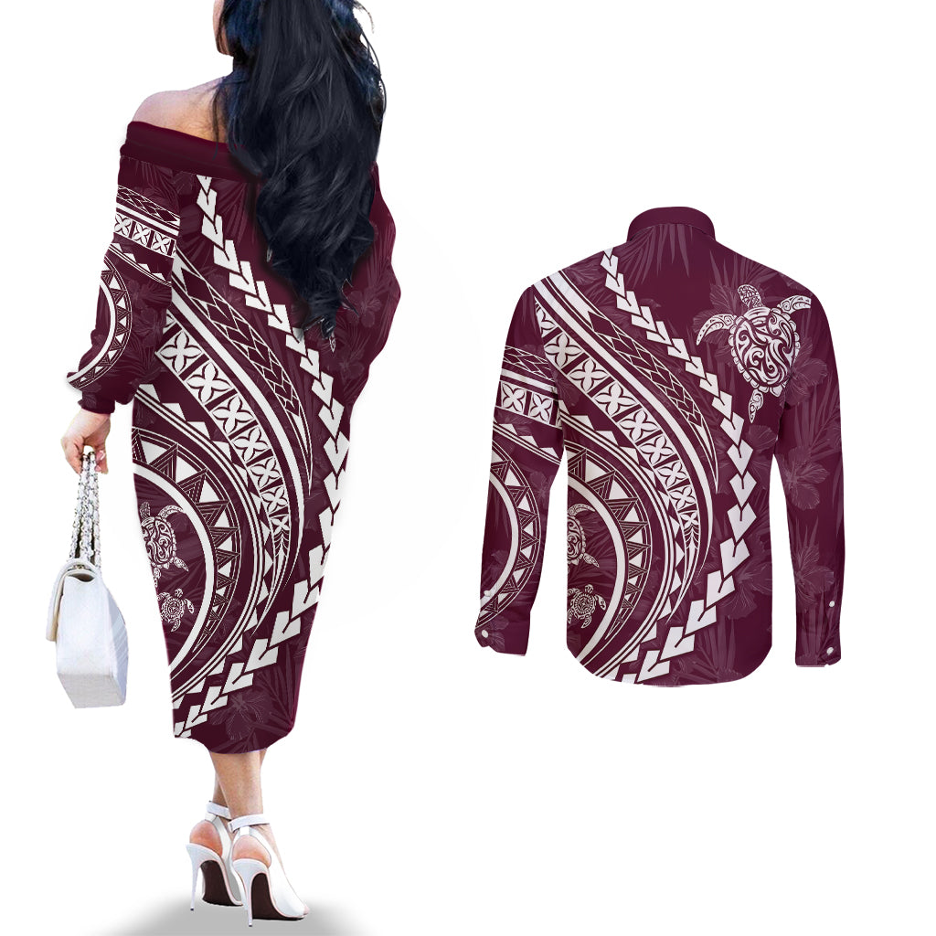 Polynesian Pride Couples Matching Off The Shoulder Long Sleeve Dress and Long Sleeve Button Shirts Turtle Hibiscus Luxury Style - Champagne LT7 - Polynesian Pride