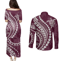 Polynesian Pride Couples Matching Puletasi Dress and Long Sleeve Button Shirts Turtle Hibiscus Luxury Style - Champagne LT7 - Polynesian Pride