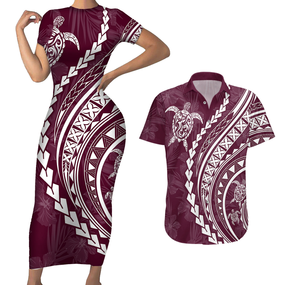 Polynesian Pride Couples Matching Short Sleeve Bodycon Dress and Hawaiian Shirt Turtle Hibiscus Luxury Style - Champagne LT7 Champagne - Polynesian Pride