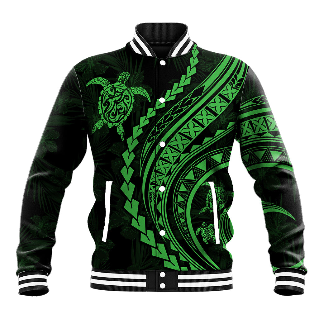 Polynesian Pride Baseball Jacket Turtle Hibiscus Luxury Style - Green LT7 Unisex Green - Polynesian Pride