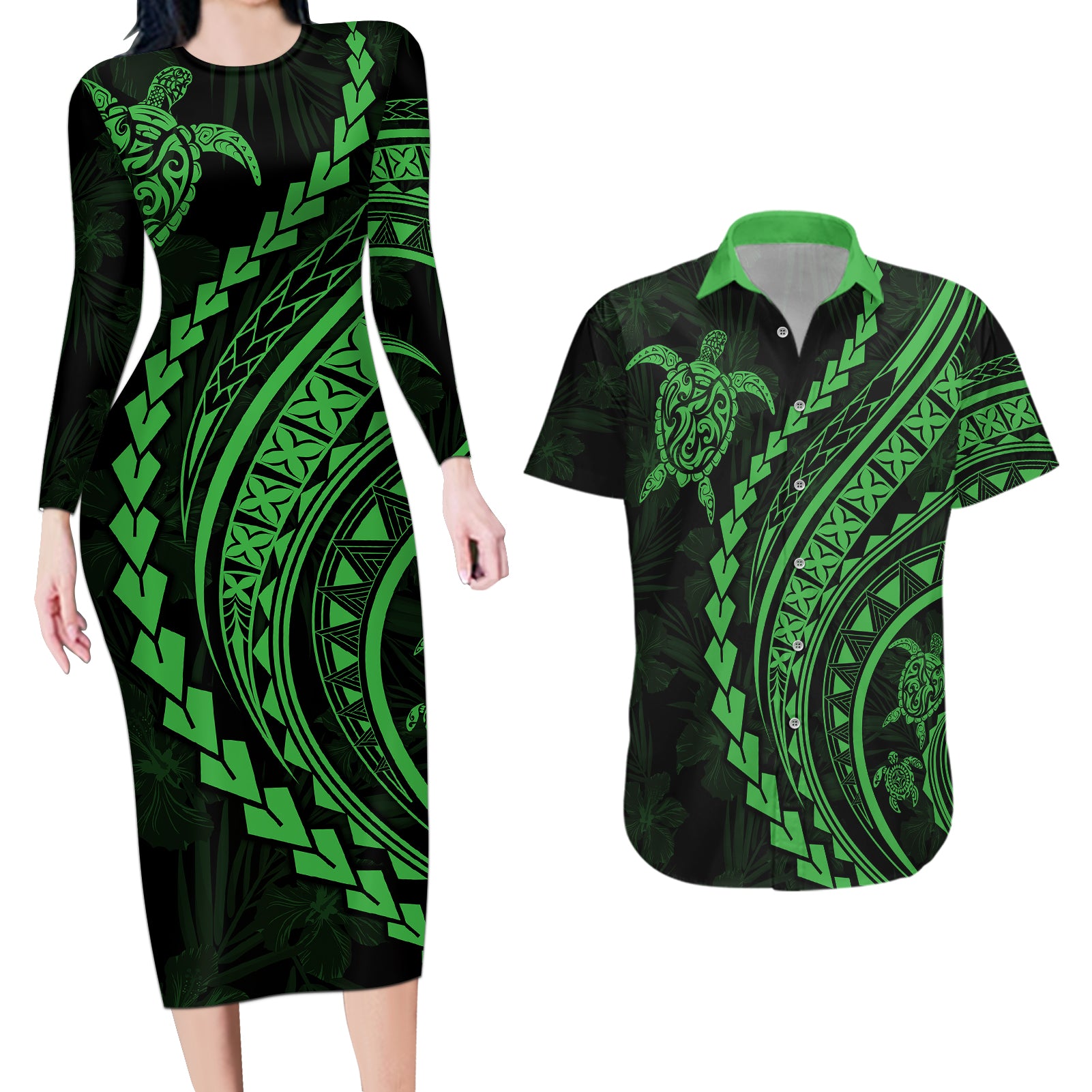 Polynesian Pride Couples Matching Long Sleeve Bodycon Dress and Hawaiian Shirt Turtle Hibiscus Luxury Style - Green LT7 Green - Polynesian Pride