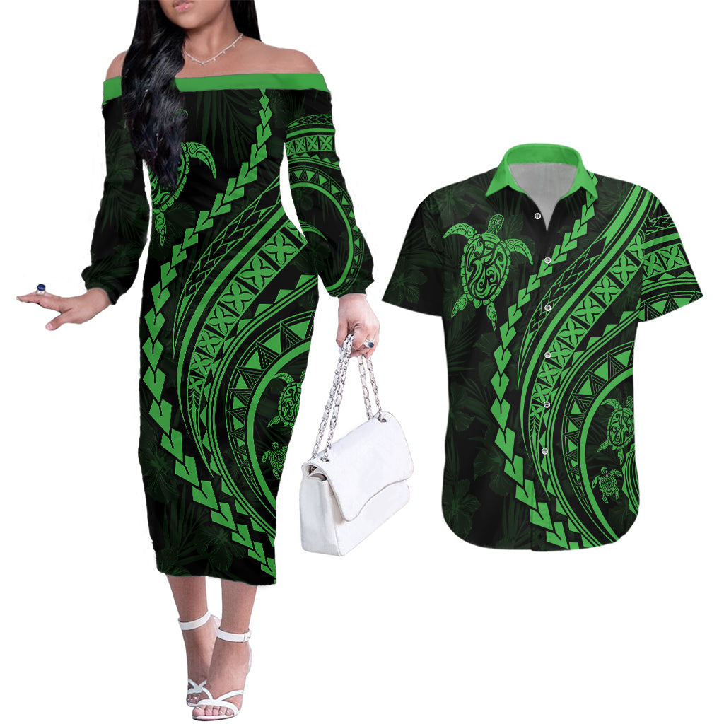 Polynesian Pride Couples Matching Off The Shoulder Long Sleeve Dress and Hawaiian Shirt Turtle Hibiscus Luxury Style - Green LT7 Green - Polynesian Pride