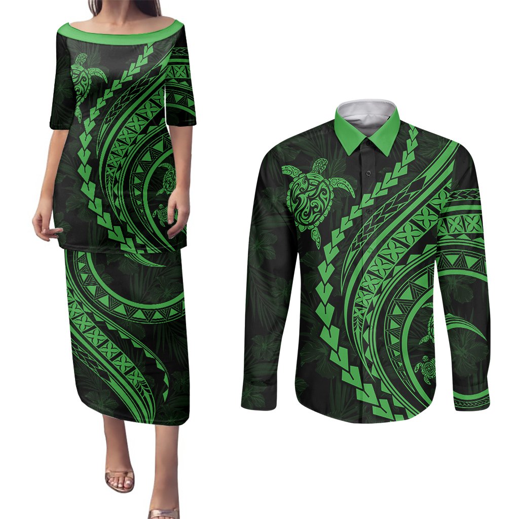 Polynesian Pride Couples Matching Puletasi Dress and Long Sleeve Button Shirts Turtle Hibiscus Luxury Style - Green LT7 Green - Polynesian Pride