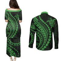 Polynesian Pride Couples Matching Puletasi Dress and Long Sleeve Button Shirts Turtle Hibiscus Luxury Style - Green LT7 - Polynesian Pride