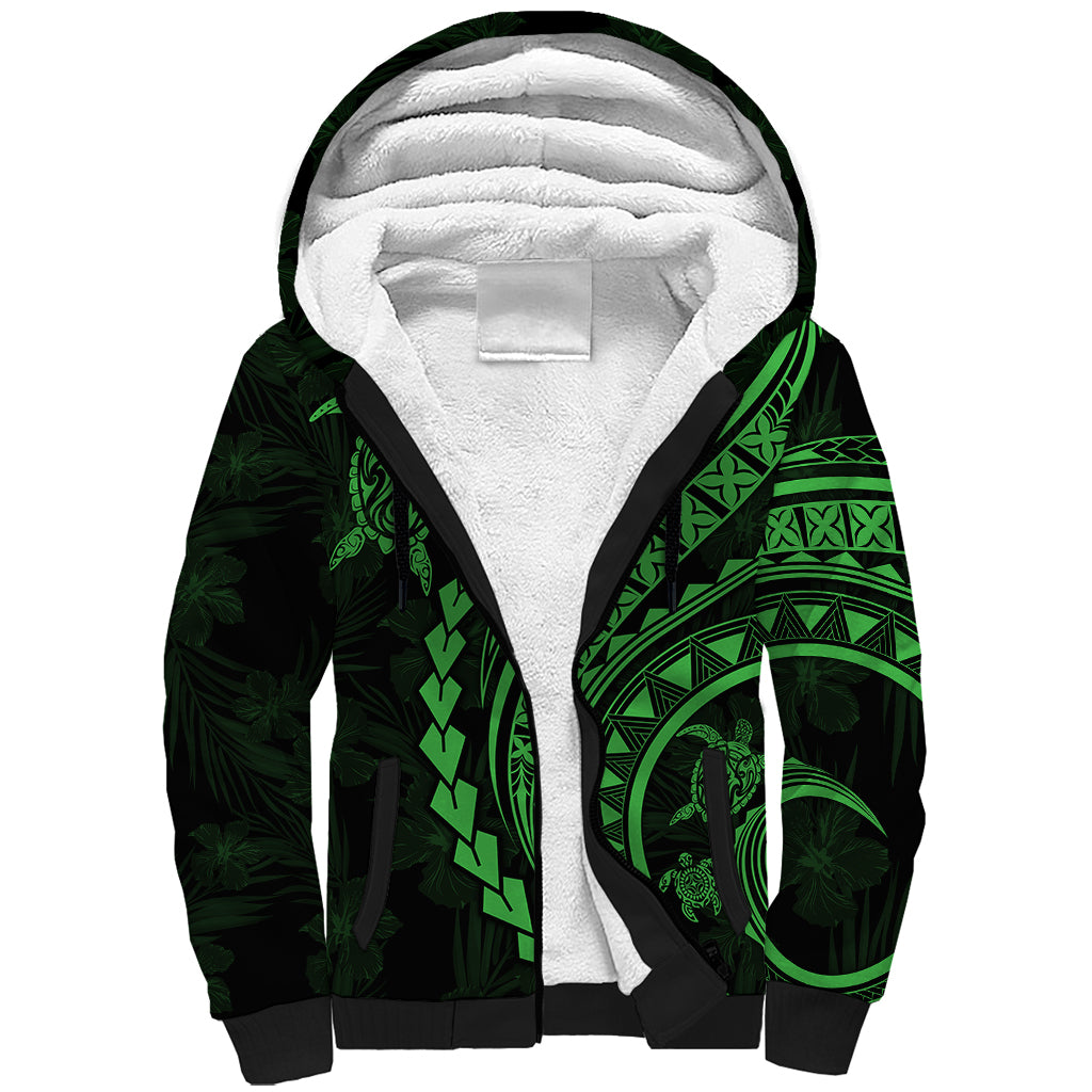 Polynesian Pride Sherpa Hoodie Turtle Hibiscus Luxury Style - Green LT7 Unisex Green - Polynesian Pride