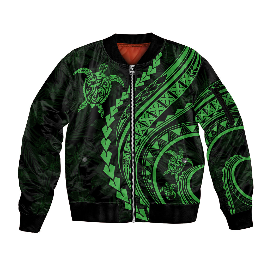 Polynesian Pride Sleeve Zip Bomber Jacket Turtle Hibiscus Luxury Style - Green LT7 Unisex Green - Polynesian Pride