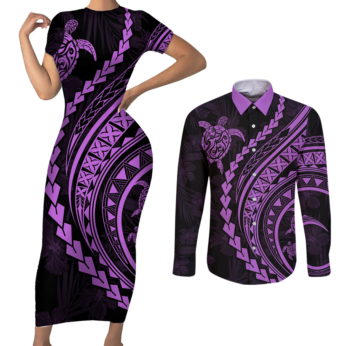 Polynesian Pride Couples Matching Short Sleeve Bodycon Dress and Long Sleeve Button Shirts Turtle Hibiscus Luxury Style - Lilac LT7 Lilac - Polynesian Pride