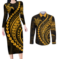 Polynesian Pride Couples Matching Long Sleeve Bodycon Dress and Long Sleeve Button Shirts Turtle Hibiscus Luxury Style - Merigold LT7 Merigold - Polynesian Pride