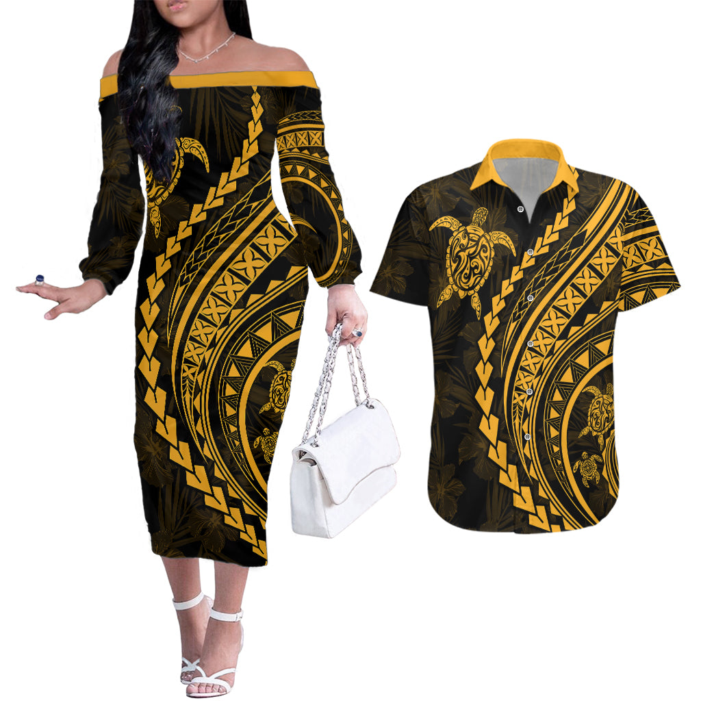 Polynesian Pride Couples Matching Off The Shoulder Long Sleeve Dress and Hawaiian Shirt Turtle Hibiscus Luxury Style - Merigold LT7 Merigold - Polynesian Pride