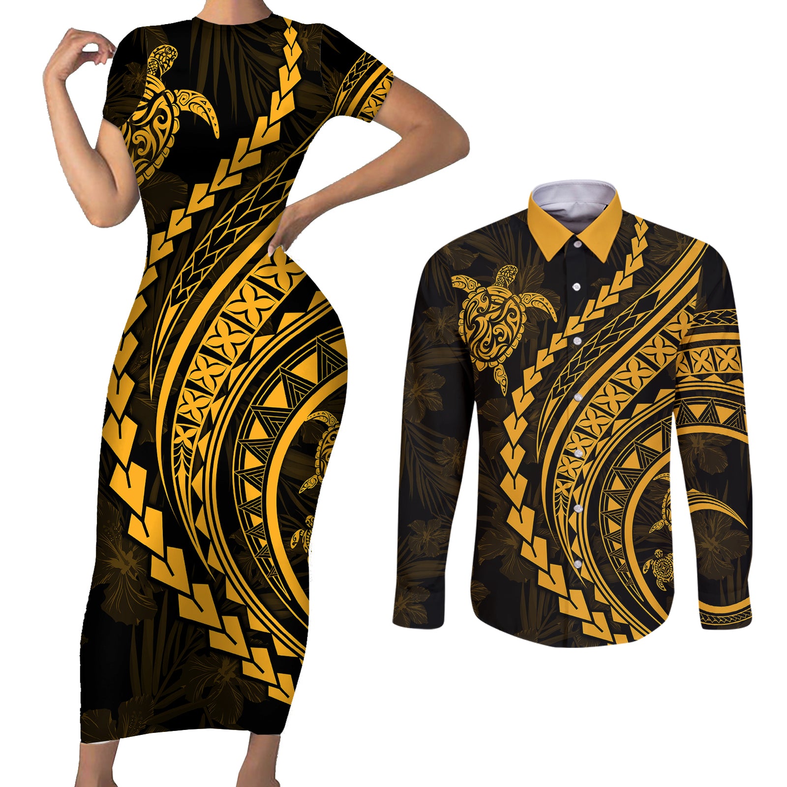 Polynesian Pride Couples Matching Short Sleeve Bodycon Dress and Long Sleeve Button Shirts Turtle Hibiscus Luxury Style - Merigold LT7 Merigold - Polynesian Pride