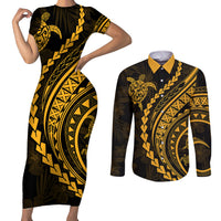 Polynesian Pride Couples Matching Short Sleeve Bodycon Dress and Long Sleeve Button Shirts Turtle Hibiscus Luxury Style - Merigold LT7 Merigold - Polynesian Pride