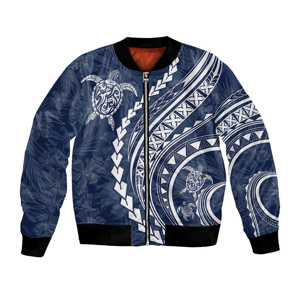 Polynesian Pride Bomber Jacket Turtle Hibiscus Luxury Style - Navy LT7 Unisex Navy - Polynesian Pride