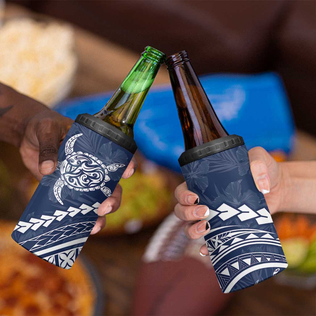 Polynesian Pride 4 in 1 Can Cooler Tumbler Turtle Hibiscus Luxury Style - Navy