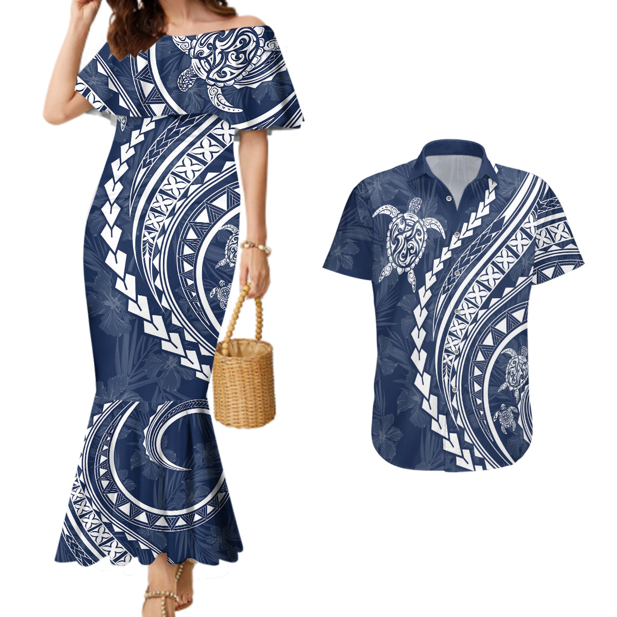 Polynesian Pride Couples Matching Mermaid Dress and Hawaiian Shirt Turtle Hibiscus Luxury Style - Navy LT7 Navy - Polynesian Pride