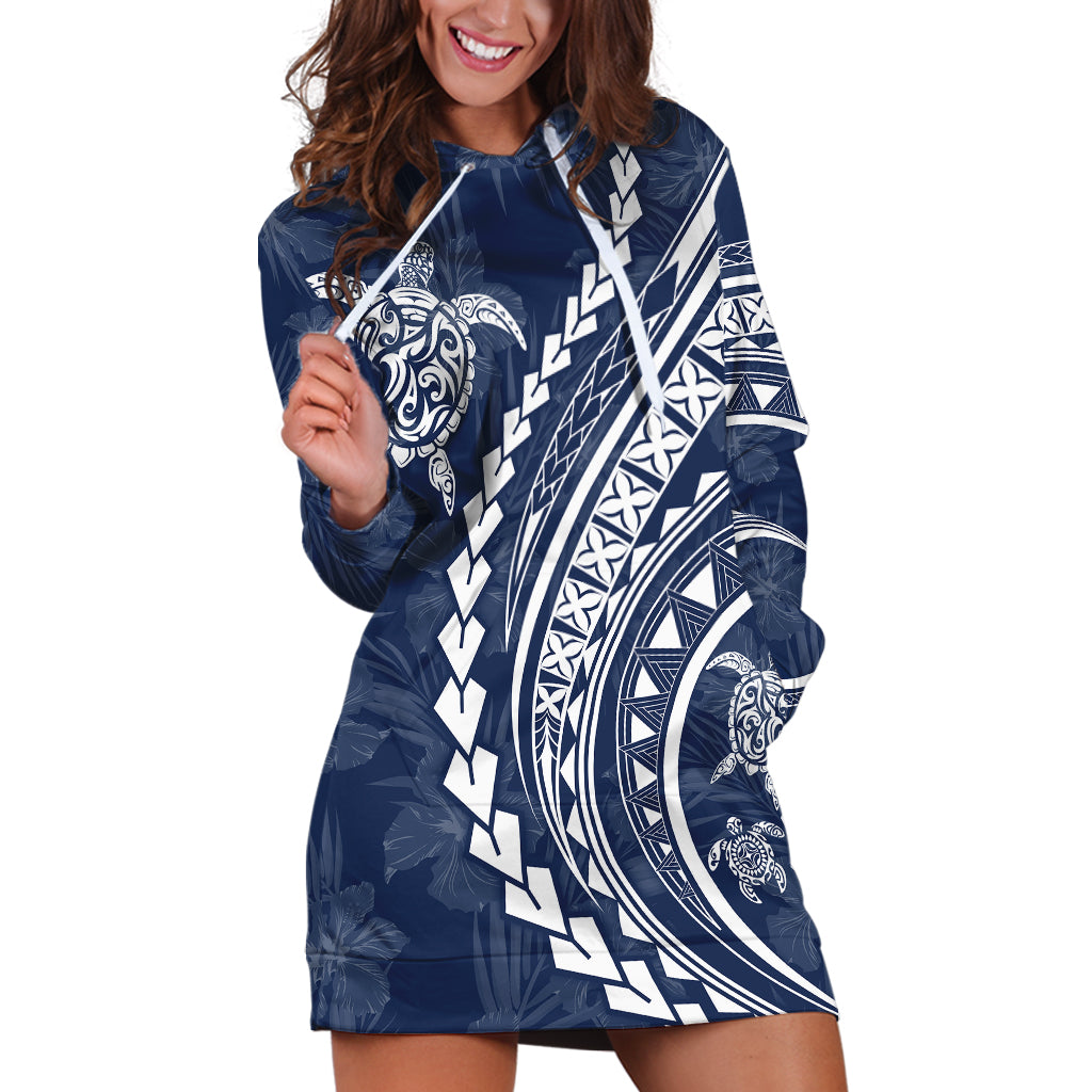 Polynesian Pride Hoodie Dress Turtle Hibiscus Luxury Style - Navy LT7 Navy - Polynesian Pride