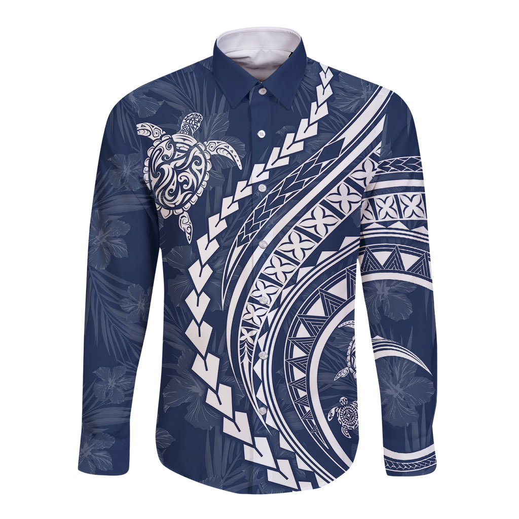 Polynesian Pride Long Sleeve Button Shirt Turtle Hibiscus Luxury Style - Navy LT7 Unisex Navy - Polynesian Pride