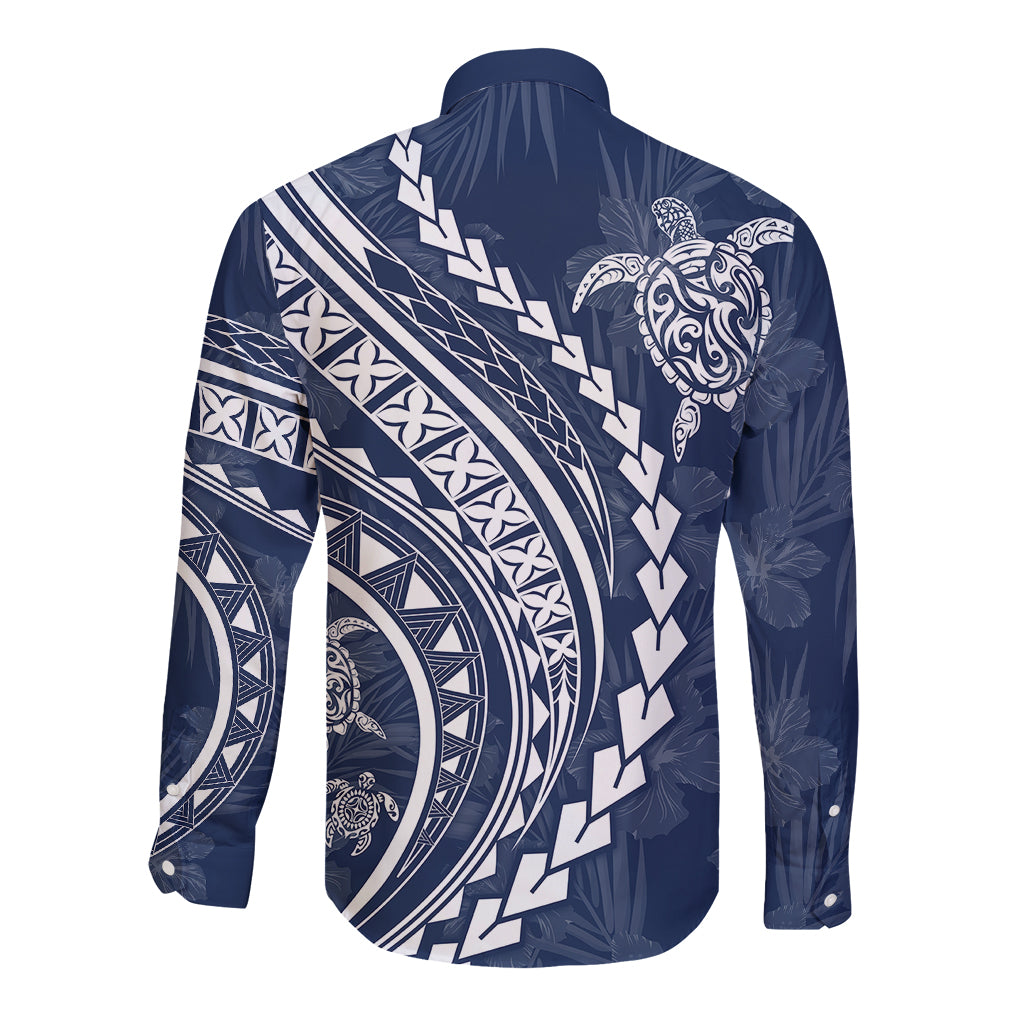 Polynesian Pride Long Sleeve Button Shirt Turtle Hibiscus Luxury Style - Navy LT7 - Polynesian Pride