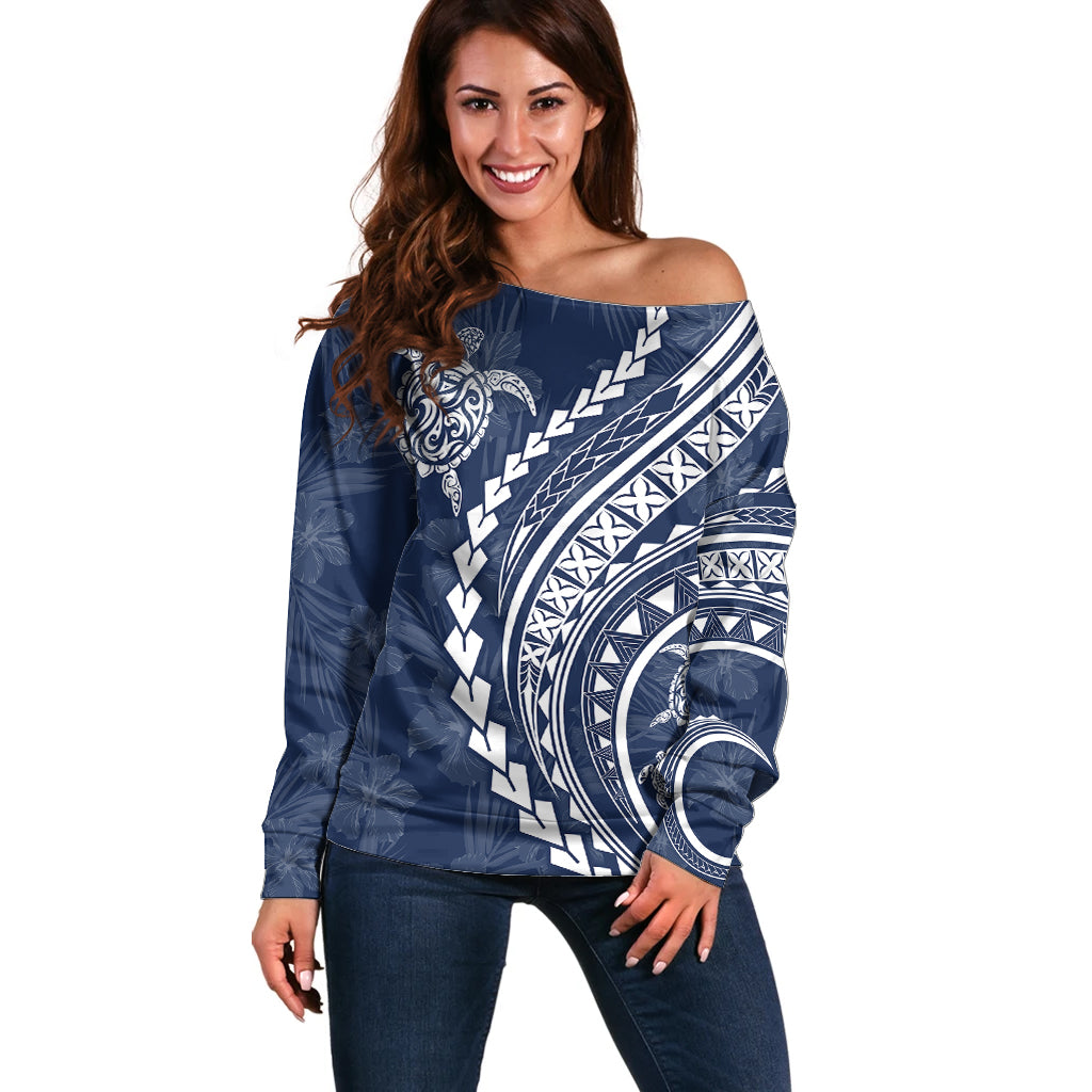 Polynesian Pride Off Shoulder Sweater Turtle Hibiscus Luxury Style - Navy LT7 Women Navy - Polynesian Pride