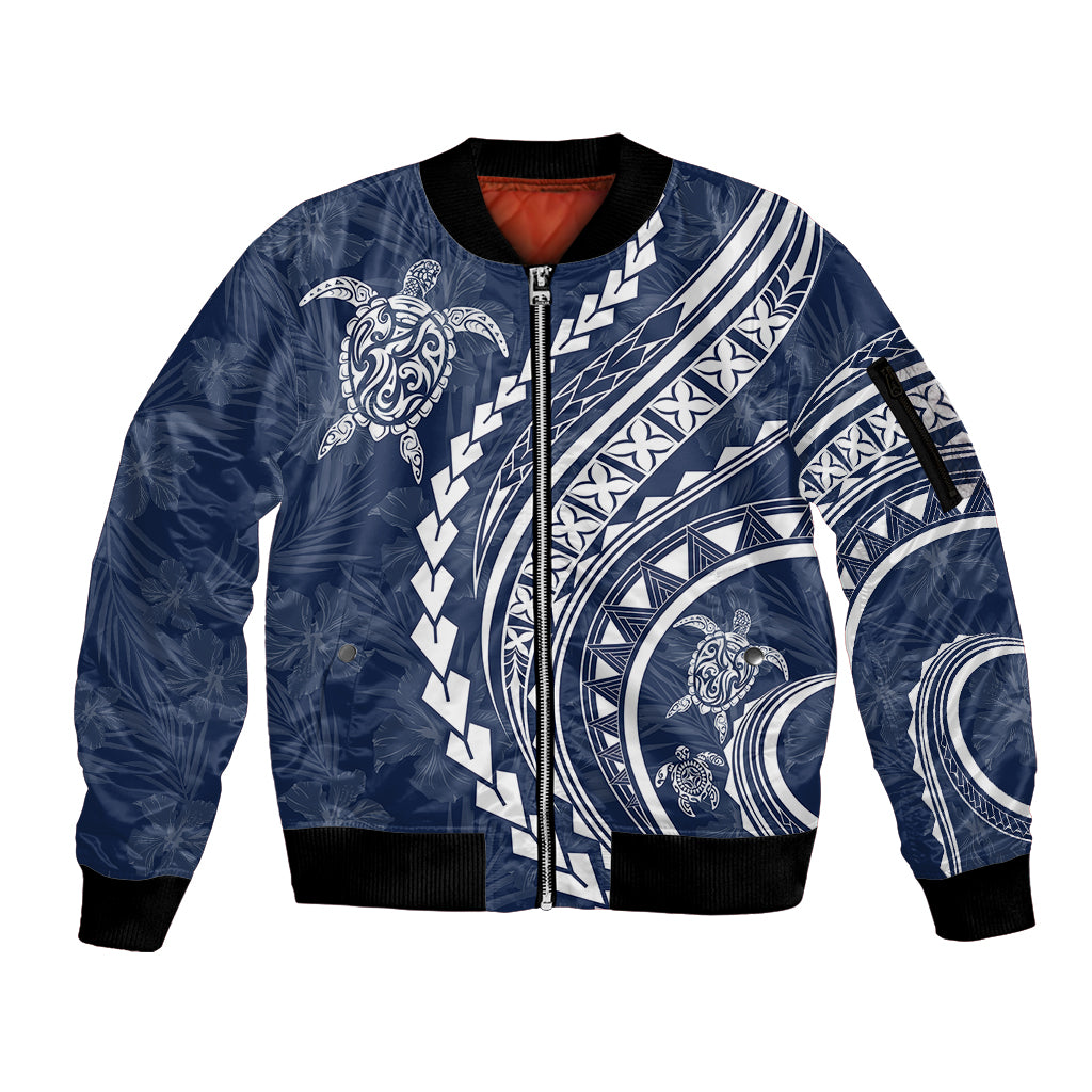 Polynesian Pride Sleeve Zip Bomber Jacket Turtle Hibiscus Luxury Style - Navy LT7 Unisex Navy - Polynesian Pride