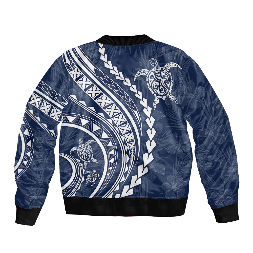 Polynesian Pride Sleeve Zip Bomber Jacket Turtle Hibiscus Luxury Style - Navy LT7 - Polynesian Pride