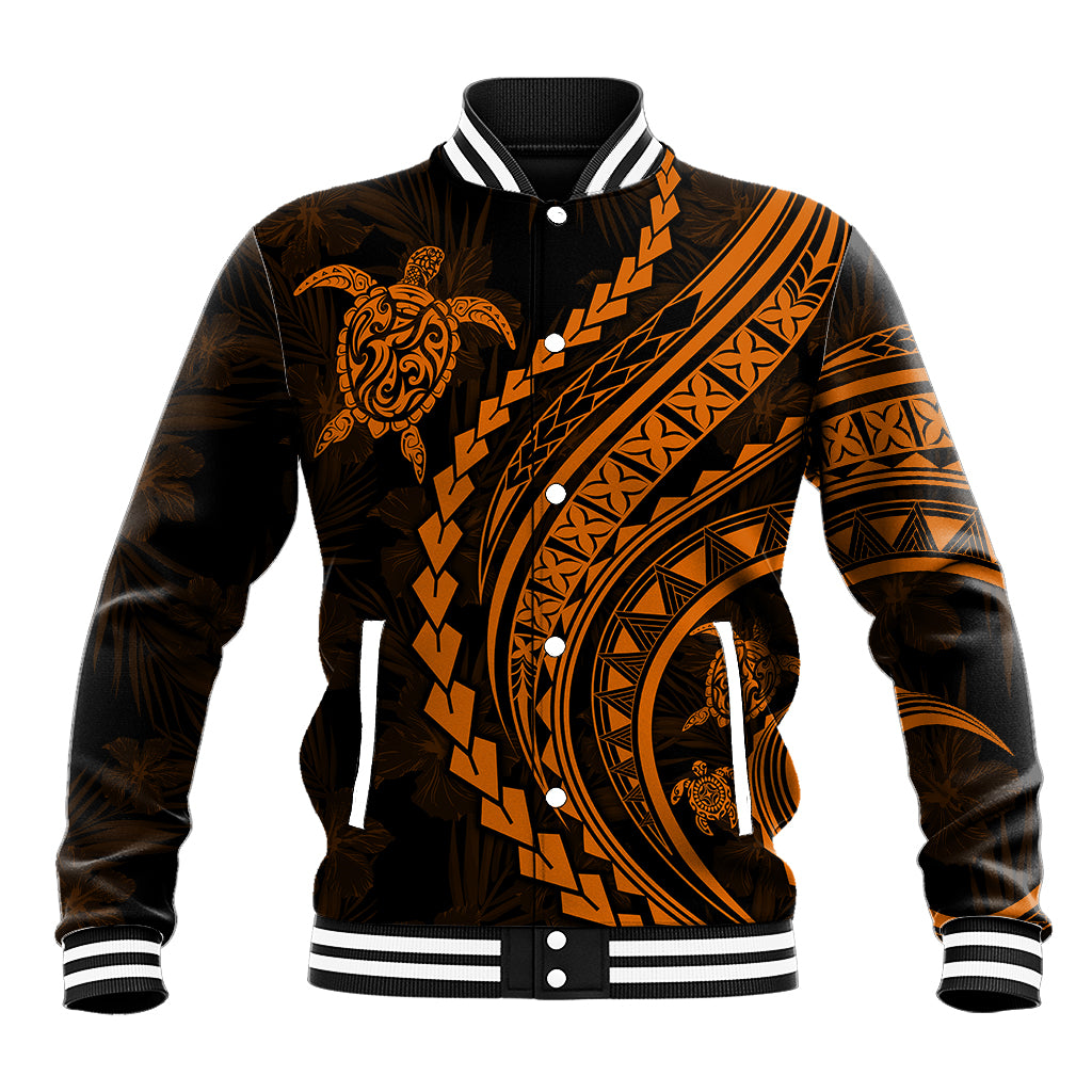 Polynesian Pride Baseball Jacket Turtle Hibiscus Luxury Style - Orange LT7 Unisex Orange - Polynesian Pride