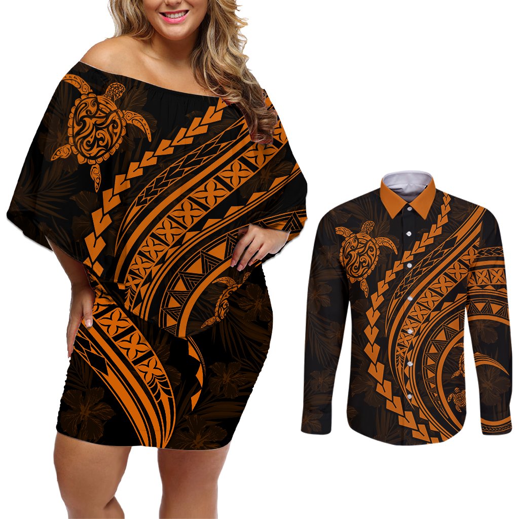 Polynesian Pride Couples Matching Off Shoulder Short Dress and Long Sleeve Button Shirts Turtle Hibiscus Luxury Style - Orange LT7 Orange - Polynesian Pride