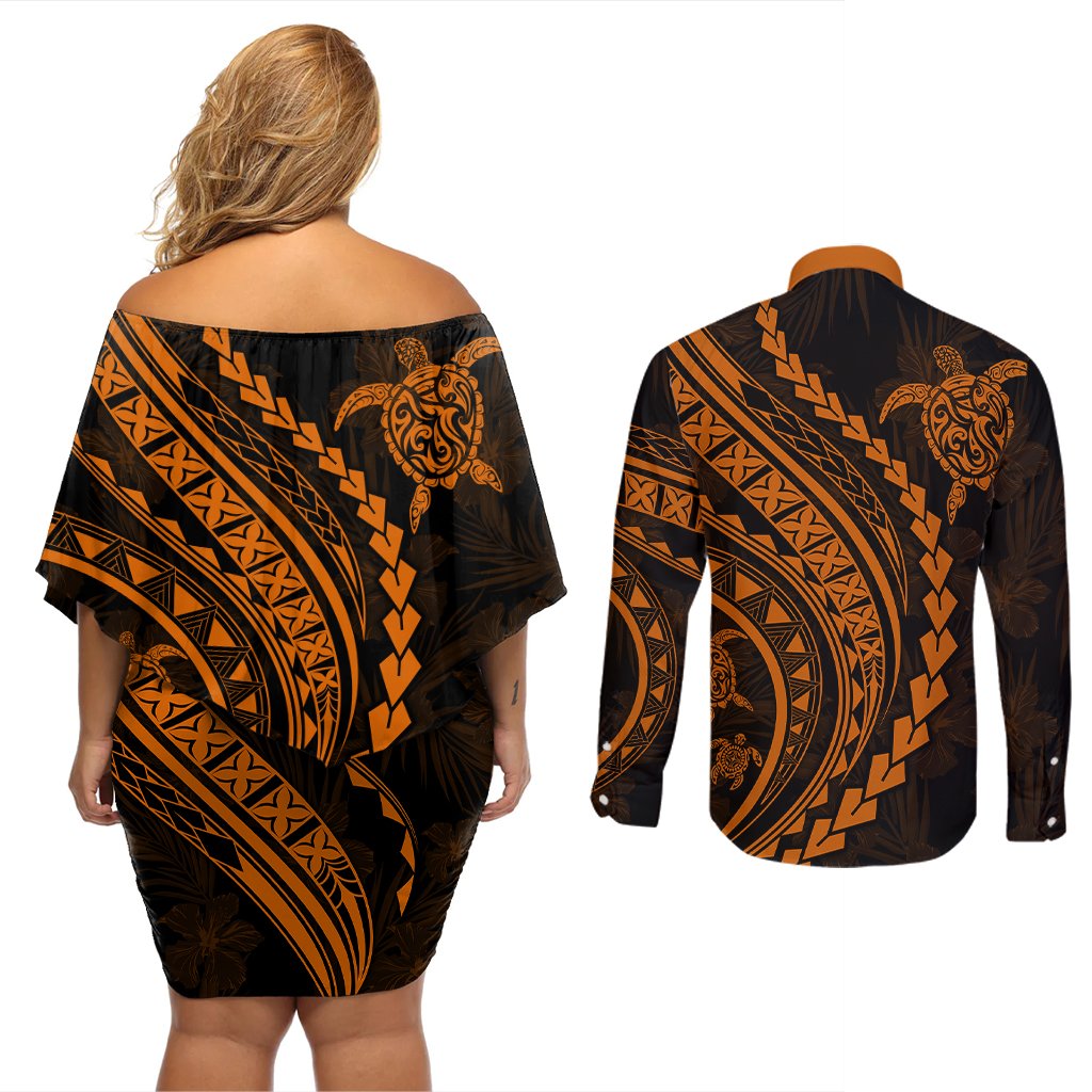 Polynesian Pride Couples Matching Off Shoulder Short Dress and Long Sleeve Button Shirts Turtle Hibiscus Luxury Style - Orange LT7 - Polynesian Pride