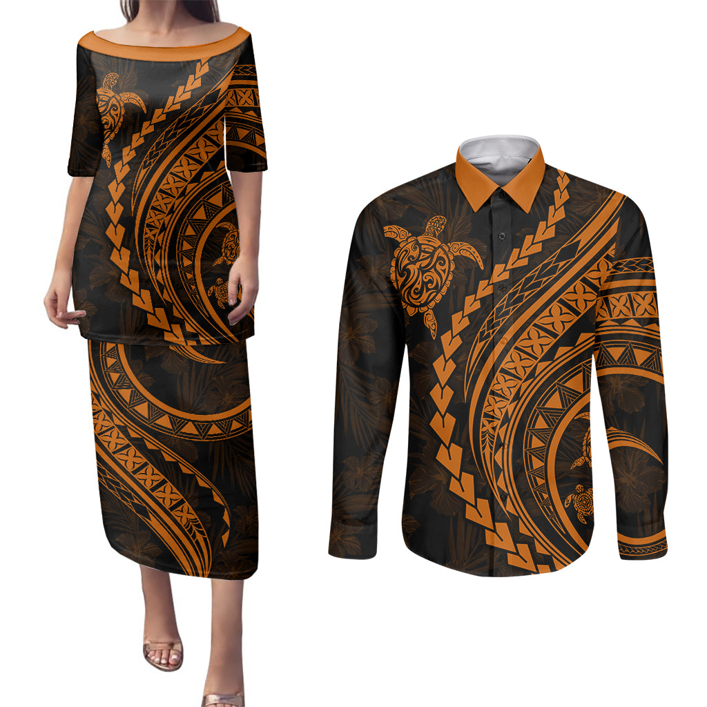 Polynesian Pride Couples Matching Puletasi Dress and Long Sleeve Button Shirts Turtle Hibiscus Luxury Style - Orange LT7 Orange - Polynesian Pride