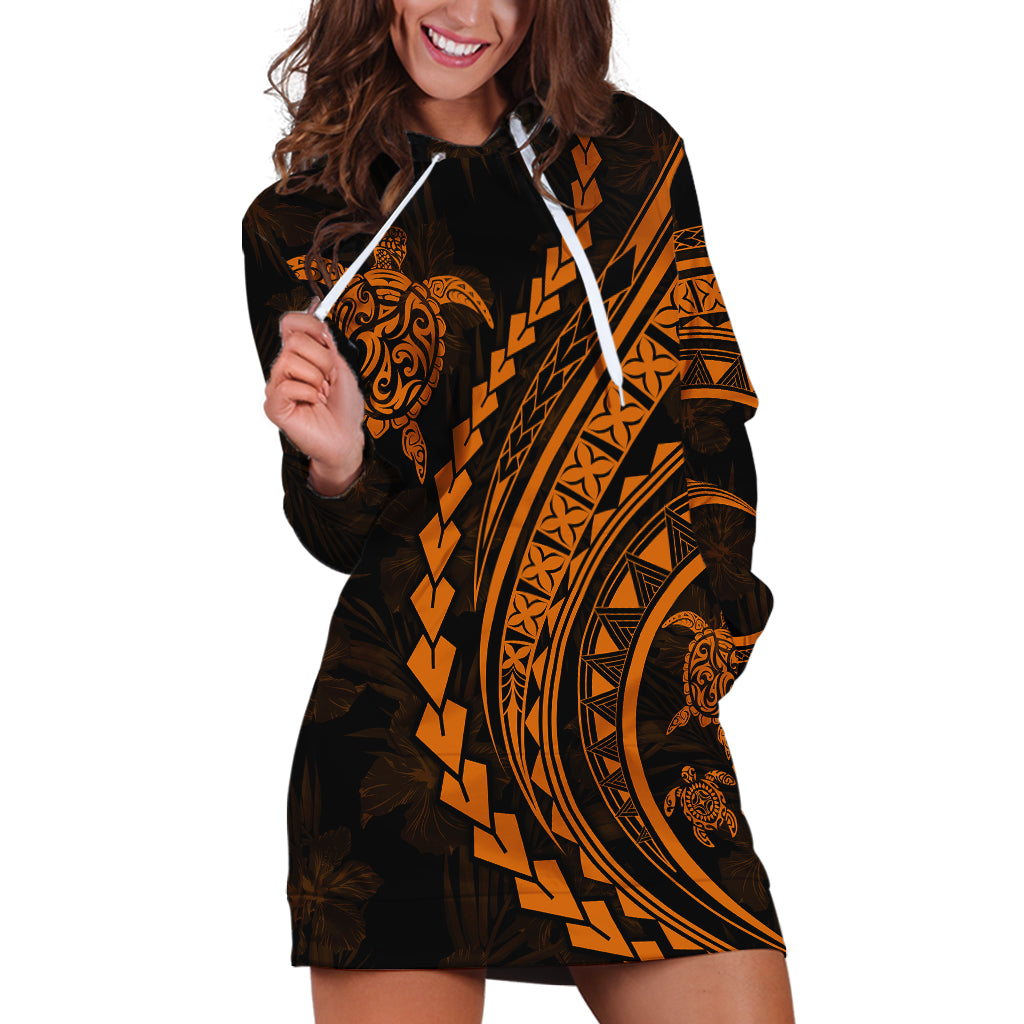 Polynesian Pride Hoodie Dress Turtle Hibiscus Luxury Style - Orange LT7 Orange - Polynesian Pride