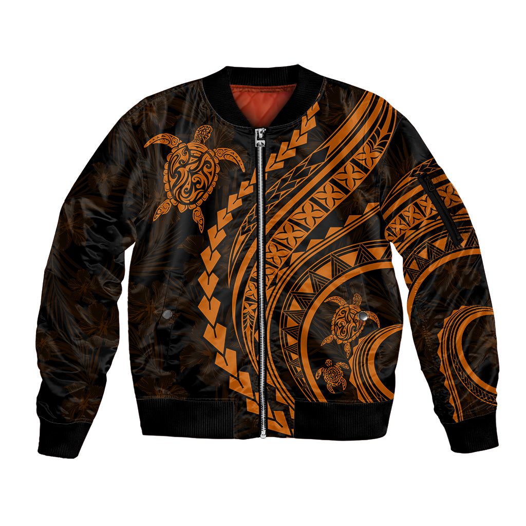 Polynesian Pride Sleeve Zip Bomber Jacket Turtle Hibiscus Luxury Style - Orange LT7 Unisex Orange - Polynesian Pride