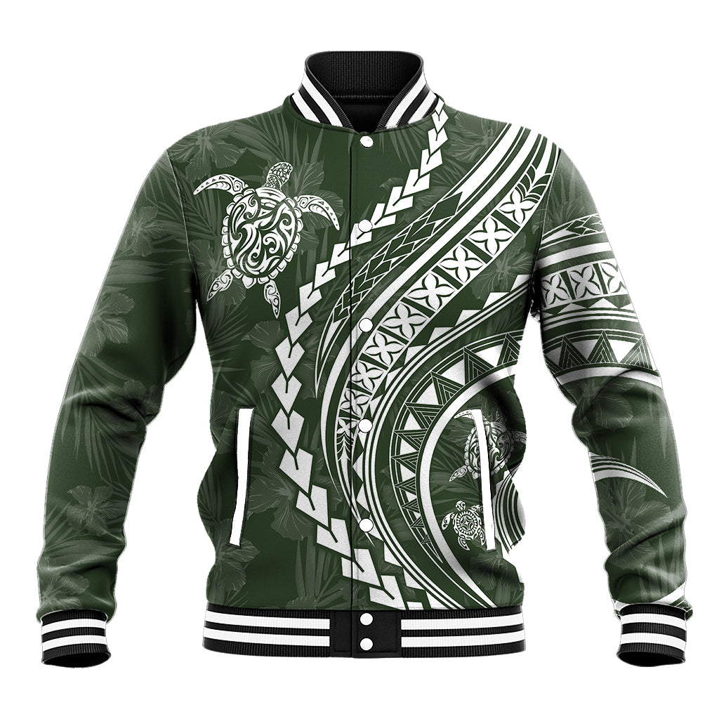 Polynesian Pride Baseball Jacket Turtle Hibiscus Luxury Style - Sage LT7 Unisex Sage - Polynesian Pride