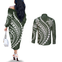 Polynesian Pride Couples Matching Off The Shoulder Long Sleeve Dress and Long Sleeve Button Shirts Turtle Hibiscus Luxury Style - Sage LT7 - Polynesian Pride