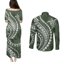 Polynesian Pride Couples Matching Puletasi Dress and Long Sleeve Button Shirts Turtle Hibiscus Luxury Style - Sage LT7 - Polynesian Pride