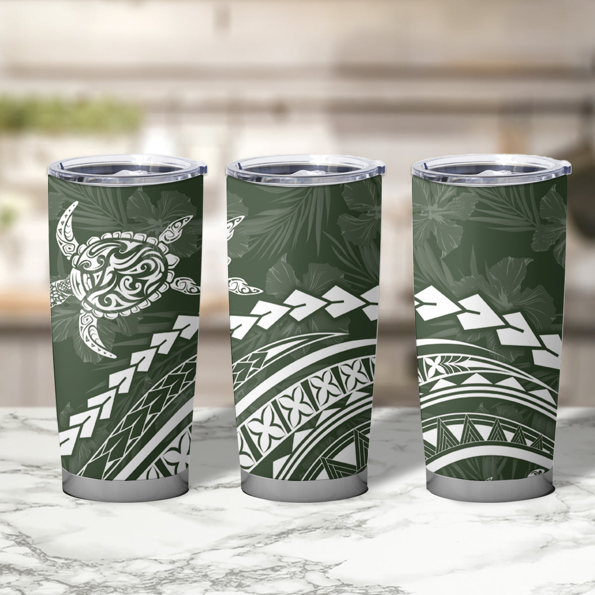 Polynesian Pride Tumbler Cup Turtle Hibiscus Luxury Style - Sage