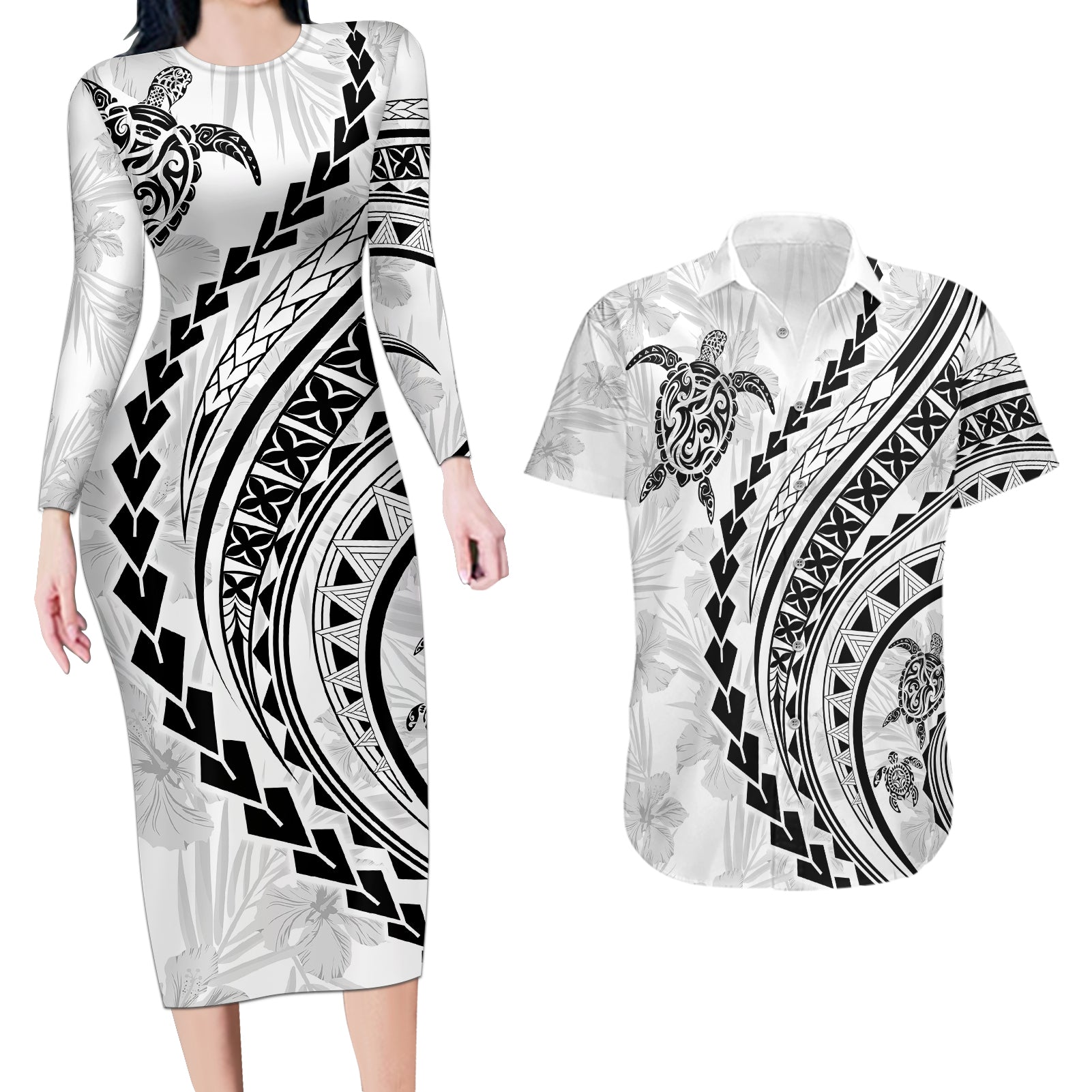 Polynesian Pride Couples Matching Long Sleeve Bodycon Dress and Hawaiian Shirt Turtle Hibiscus Luxury Style - White LT7 White - Polynesian Pride