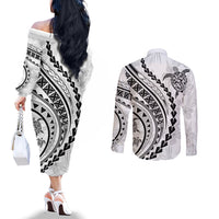 Polynesian Pride Couples Matching Off The Shoulder Long Sleeve Dress and Long Sleeve Button Shirts Turtle Hibiscus Luxury Style - White LT7 - Polynesian Pride