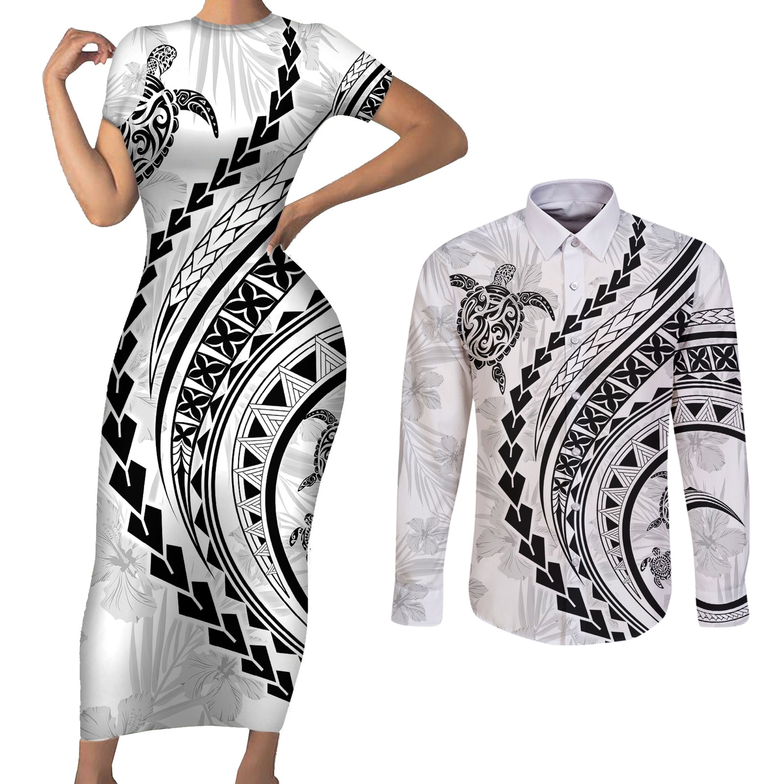 Polynesian Pride Couples Matching Short Sleeve Bodycon Dress and Long Sleeve Button Shirts Turtle Hibiscus Luxury Style - White LT7 White - Polynesian Pride