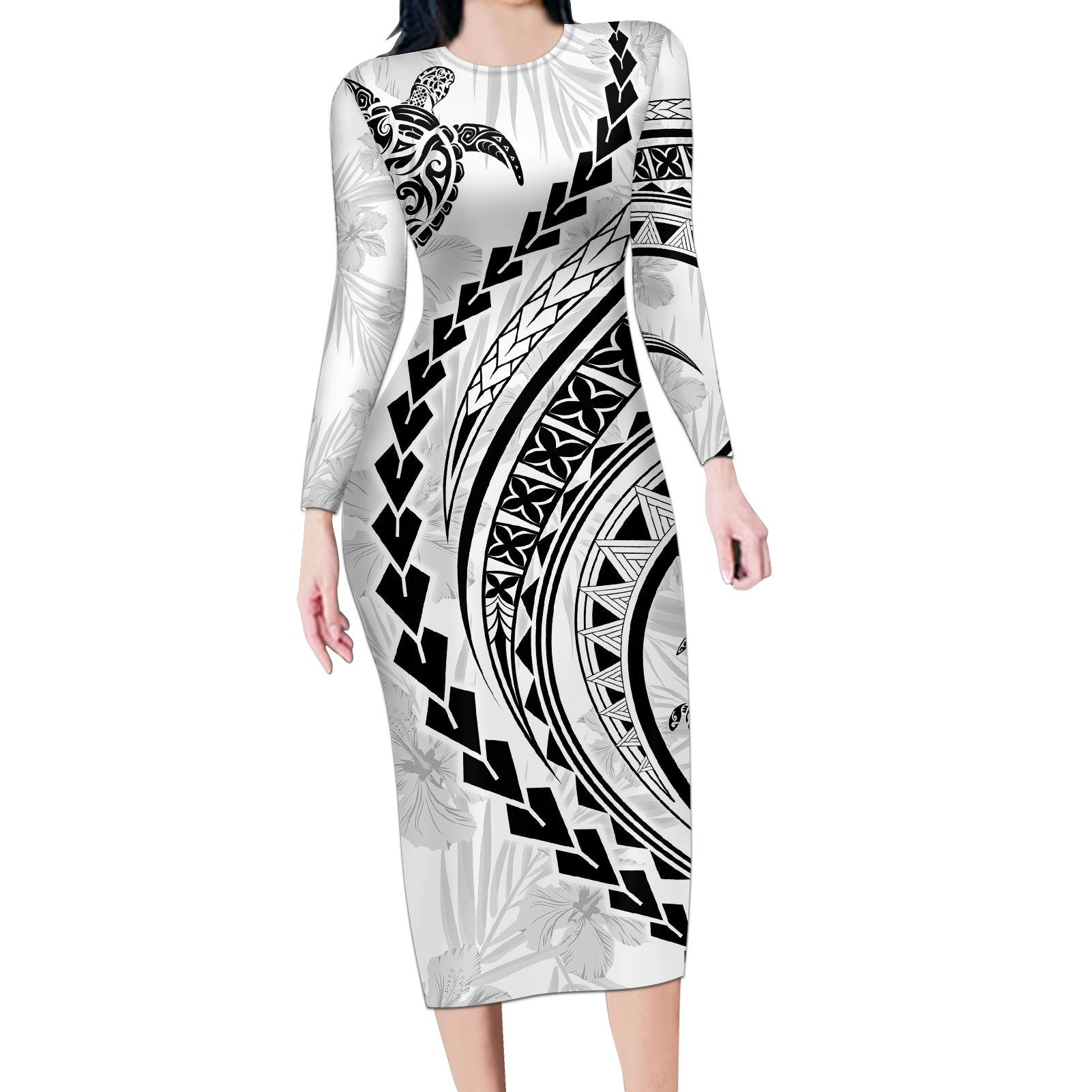 Polynesian Pride Long Sleeve Bodycon Dress Turtle Hibiscus Luxury Style - White LT7 Long Dress White - Polynesian Pride