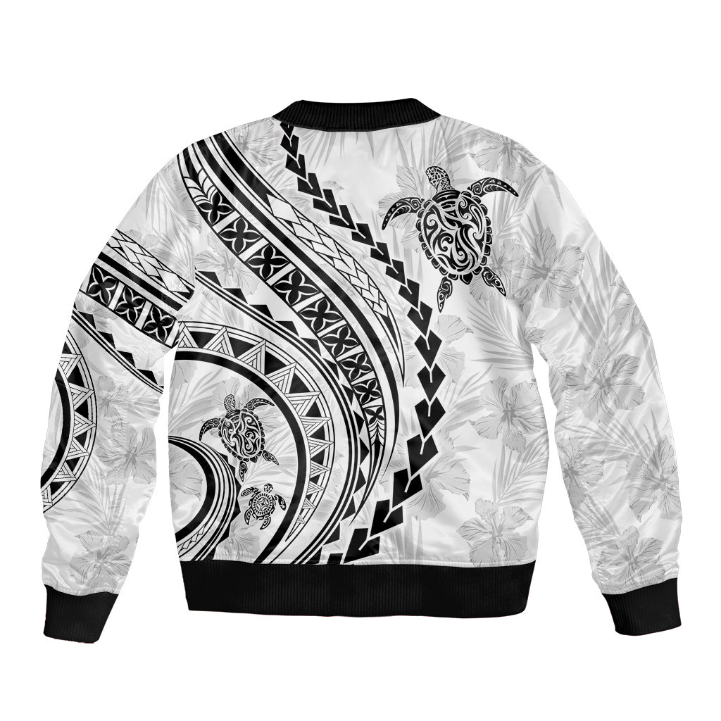 Polynesian Pride Sleeve Zip Bomber Jacket Turtle Hibiscus Luxury Style - White LT7 - Polynesian Pride