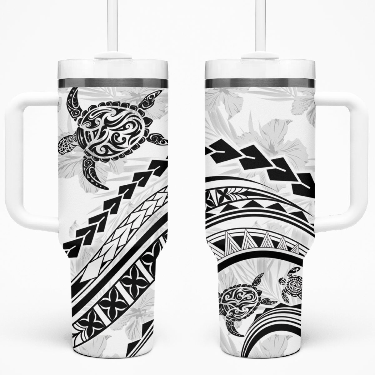 Polynesian Pride Tumbler With Handle Turtle Hibiscus Luxury Style - White