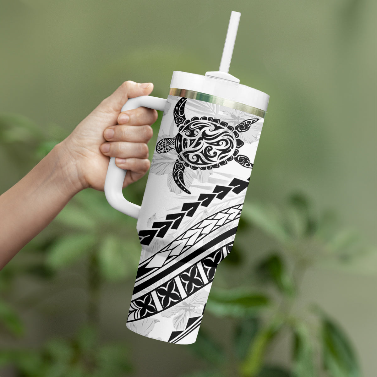 Polynesian Pride Tumbler With Handle Turtle Hibiscus Luxury Style - White