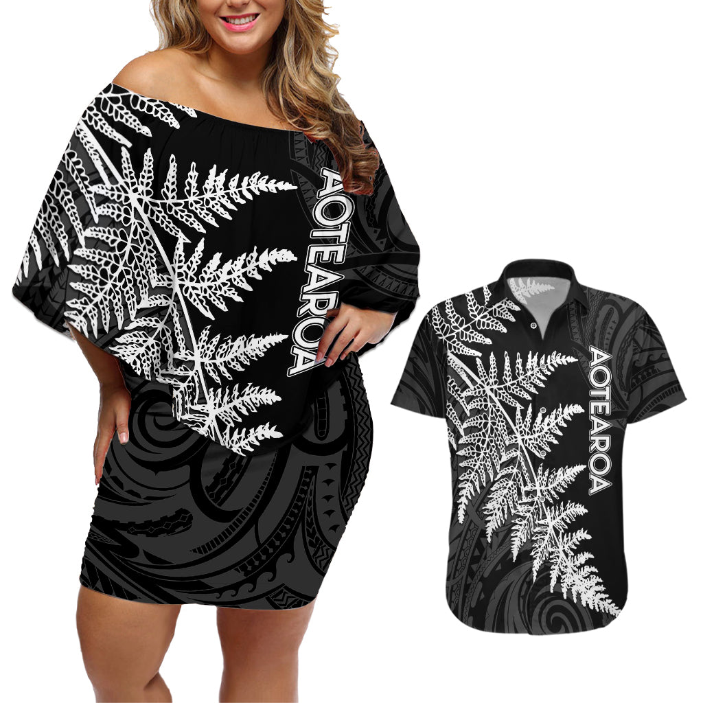 Personalised New Zealand Rugby Couples Matching Off Shoulder Short Dress and Hawaiian Shirt World Cup 2023 Silver Fern Champions LT7 Black - Polynesian Pride