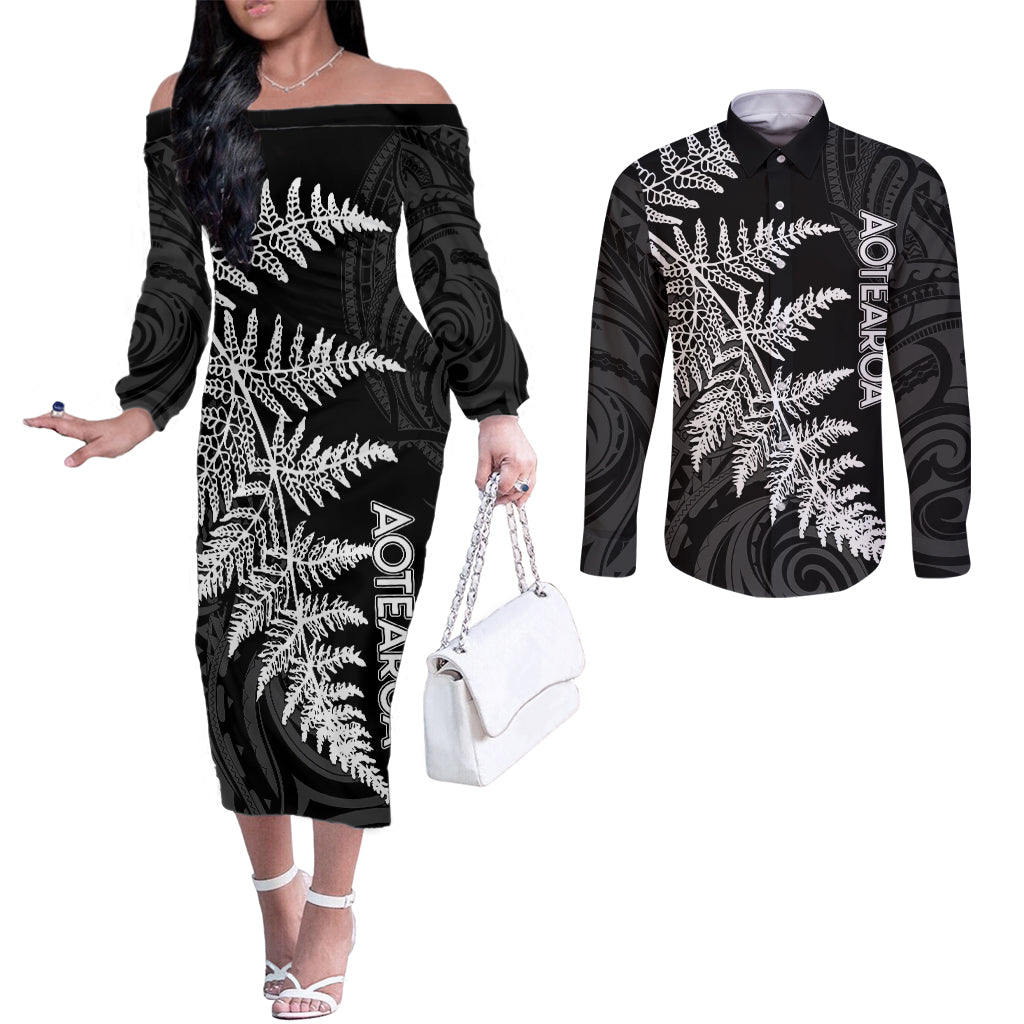 Personalised New Zealand Rugby Couples Matching Off The Shoulder Long Sleeve Dress and Long Sleeve Button Shirts World Cup 2023 Silver Fern Champions LT7 Black - Polynesian Pride