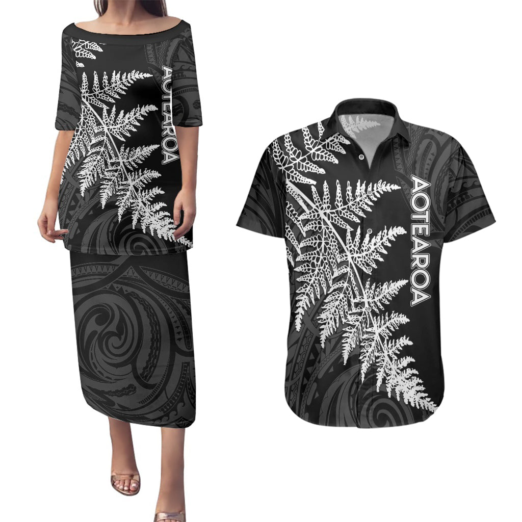 Personalised New Zealand Rugby Couples Matching Puletasi Dress and Hawaiian Shirt World Cup 2023 Silver Fern Champions LT7 Black - Polynesian Pride