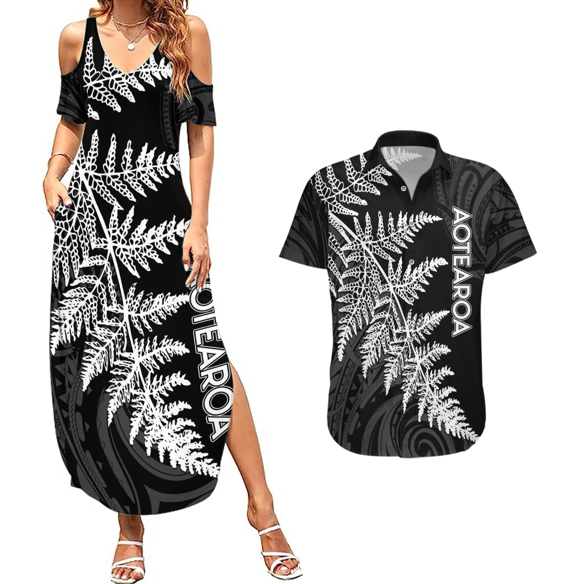 Personalised New Zealand Rugby Couples Matching Summer Maxi Dress and Hawaiian Shirt World Cup 2023 Silver Fern Champions LT7 Black - Polynesian Pride