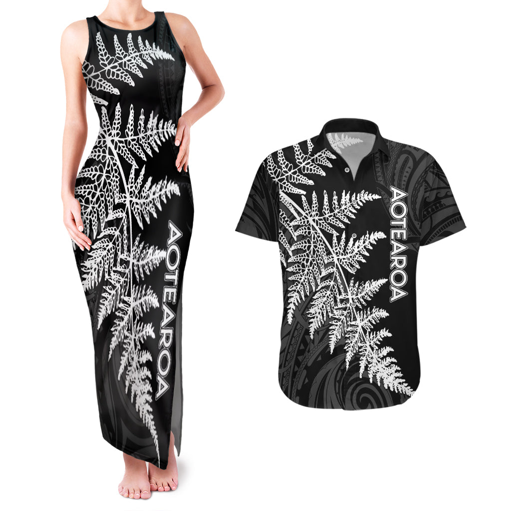 Personalised New Zealand Rugby Couples Matching Tank Maxi Dress and Hawaiian Shirt World Cup 2023 Silver Fern Champions LT7 Black - Polynesian Pride